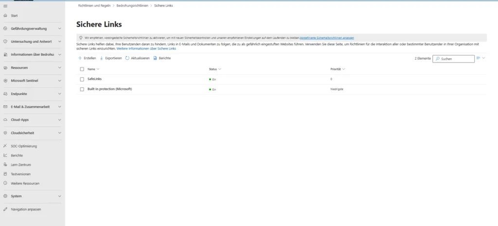 Microsoft Defender Portal Übersicht der Bedrohungsrichtlinien für Anti-Spam, Malware und DKIM.