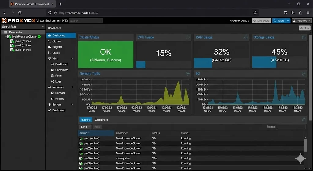 Dashboard Ansicht von Proxmox Virtual Environment mit Cluster-Status und VM-Übersicht