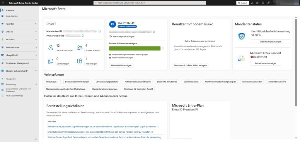 Microsoft Entra admin center dashboard with an overview of identities and security posture