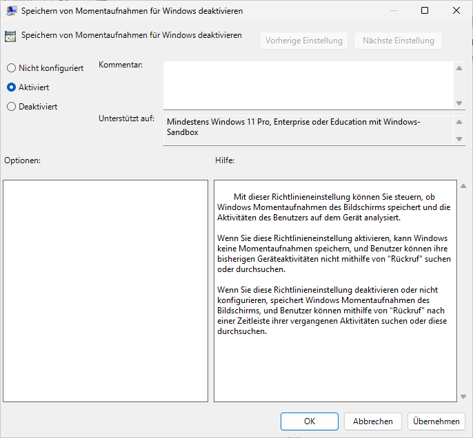 Turn off saving snapshots for Windows