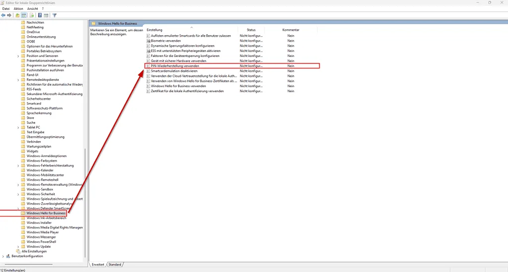 Einstellungen in Windows Hello: Gruppenrichtlinien