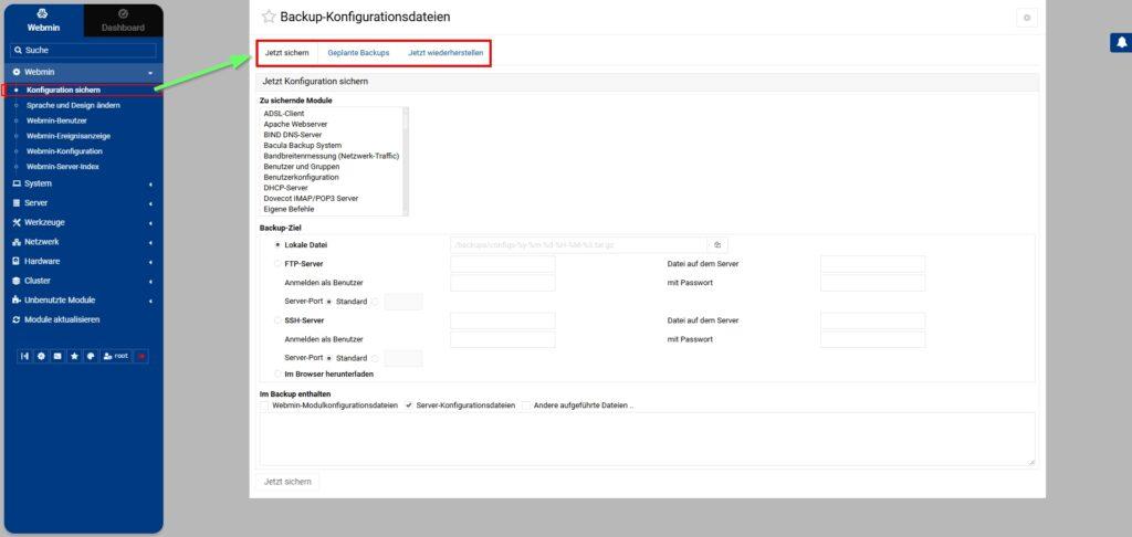 WEBMIN Webmin Konfiguration Backup webmin Settings
