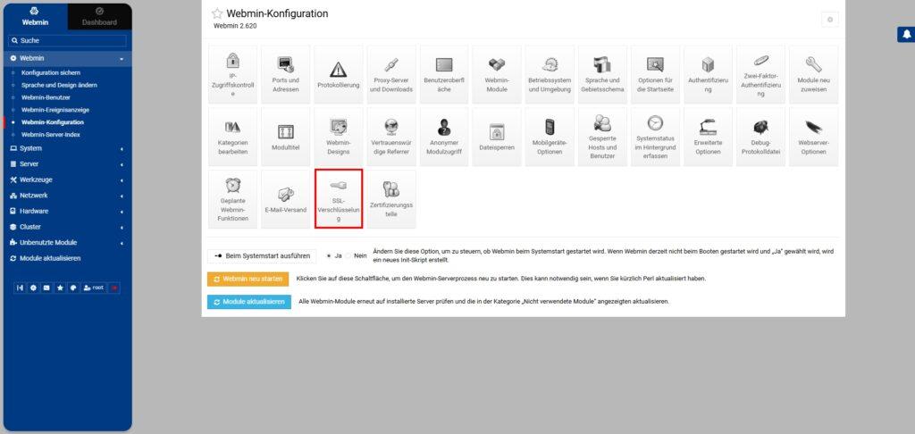 Webmin-Konfiguration mit verschiedenen Optionen