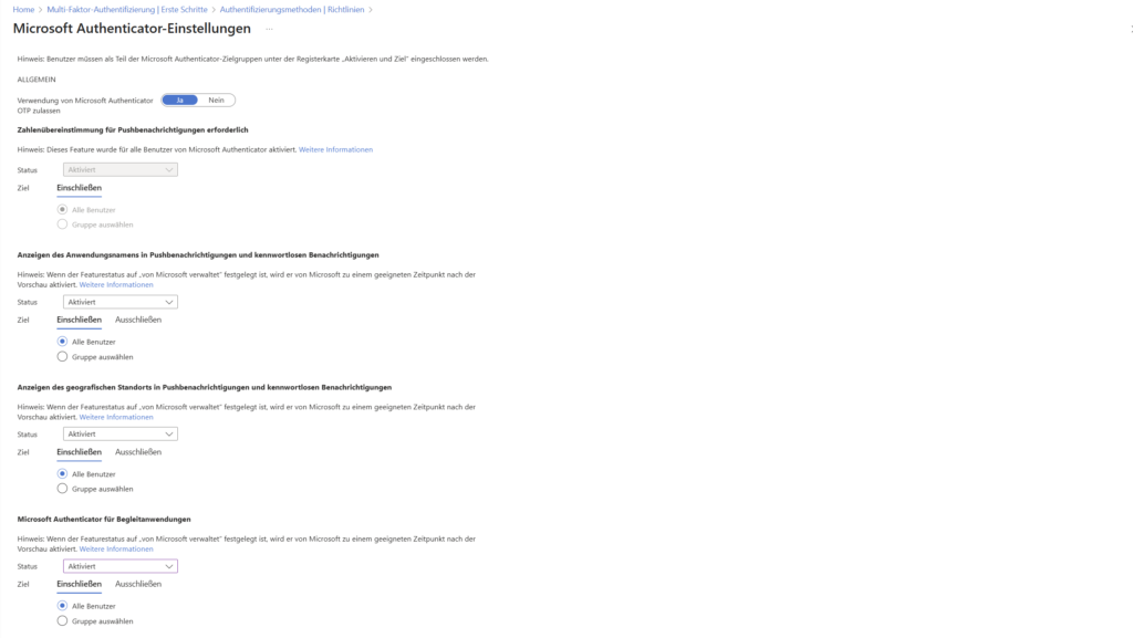 Authentifizierungsmethoden | Richtlinien  > Richtlinie "Microsoft Authenticator" auswählen > Tab "Konfigurieren"