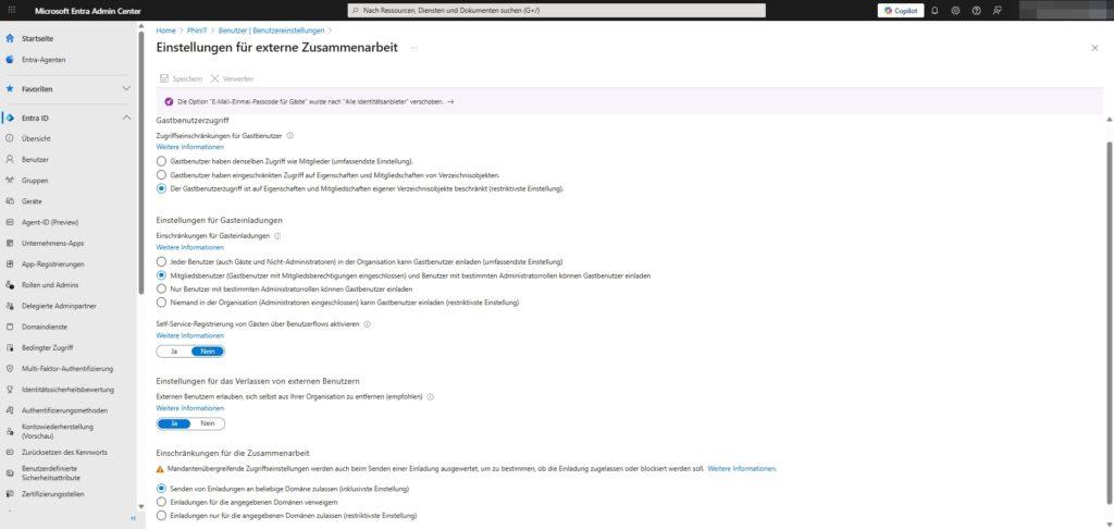 MS365 EntraID Benutzer Einstellungen fuer externe Zusammenarbeit 122025
