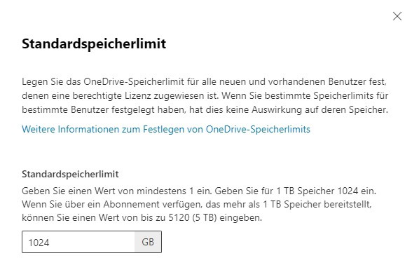 Datenschutz in Microsoft SharePoint 18 MS365 SharePoint Einstellungen OD Standardspeicherlimit