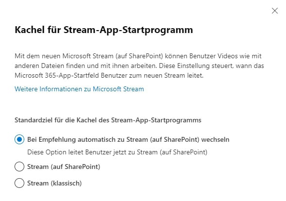 Datenschutz in Microsoft SharePoint 15 MS365 SharePoint Einstellungen Stream App Startfeld Kachel