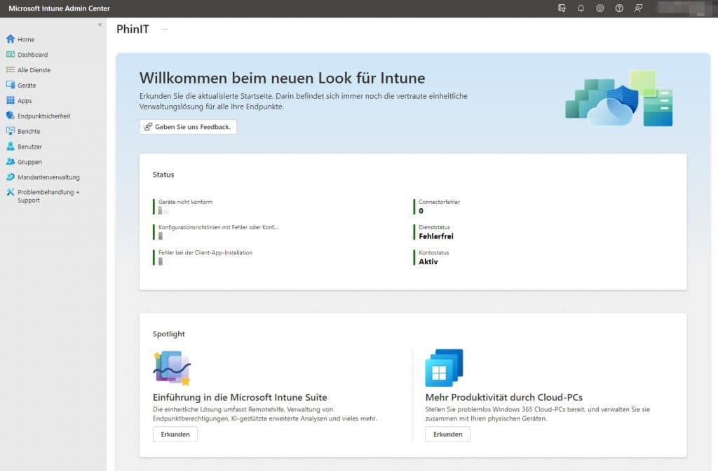 MS365 Intune | Geräteverwaltung 9 Startsite in Intune-Portal