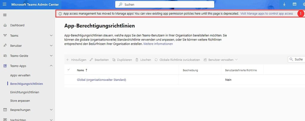 Datenschutz in Microsoft Teams 18 Microsoft 365 TEAMS Admin Center Teams Richtlinien Uebersicht App Berechtigungsrichtlinien BE1