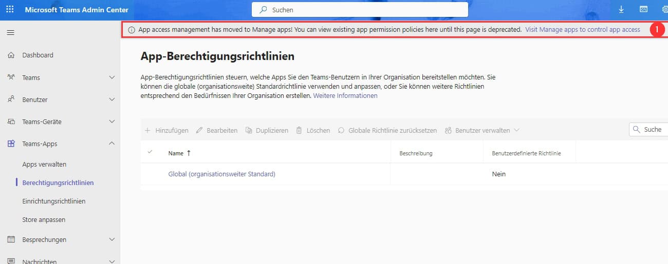 Datenschutz in Microsoft Teams 12 Microsoft 365 TEAMS Admin Center Teams Richtlinien Uebersicht App Berechtigungsrichtlinien BE1