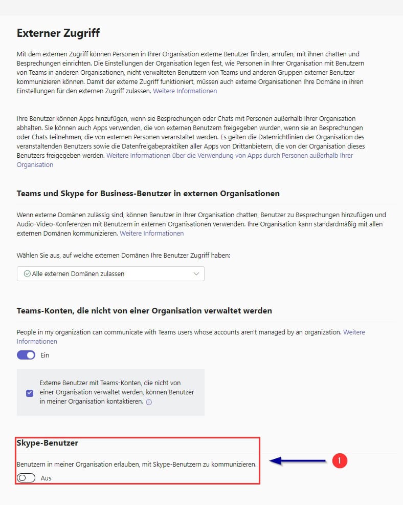 Datenschutz in Microsoft Teams 17 Microsoft 365 TEAMS Admin Center Teams Richtlinien Uebersicht Externer Zugriff BE1
