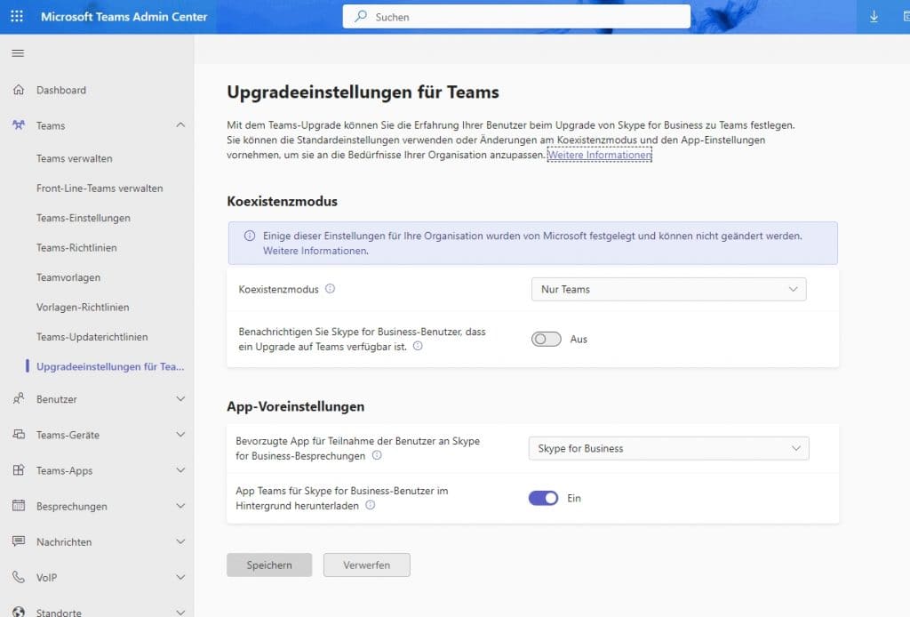Datenschutz in Microsoft Teams 14 Microsoft 365 TEAMS Admin Center Teams Richtlinien Uebersicht Upgradeeinstellungen Skype