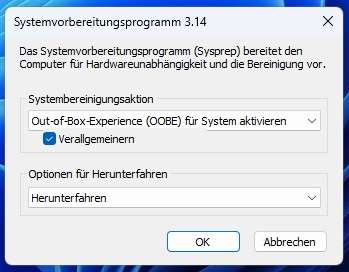Windows 11 Sysprep | zum perfekten Image 9 Screenshot der Sysprep-Oberfläche in Windows 11, mit aktivierter Generalize-Option & Herunterfahren