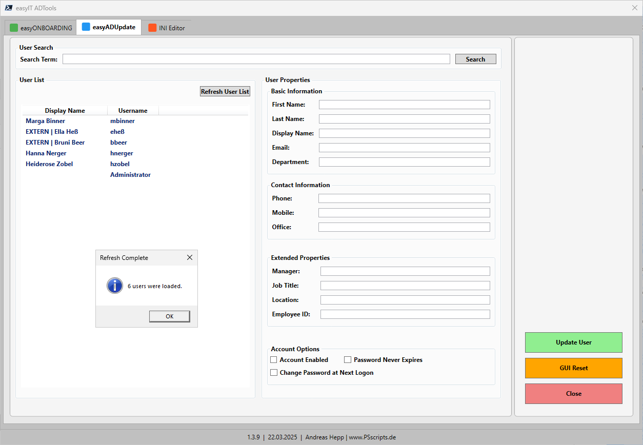 🚀 easyONBOARDING Version 1.3.9 ist da! 3 Übersichtsbild zum AD-Update-Tab mit Benutzerinformationen