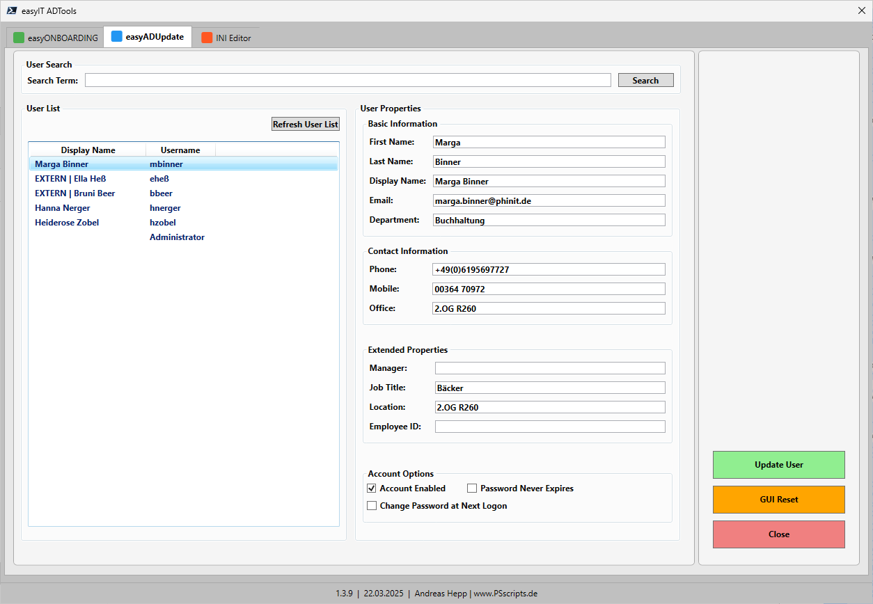 🚀 easyONBOARDING Version 1.3.9 ist da! 4 Übersichtsbild zum AD-Update-Tab mit Benutzerinformationen