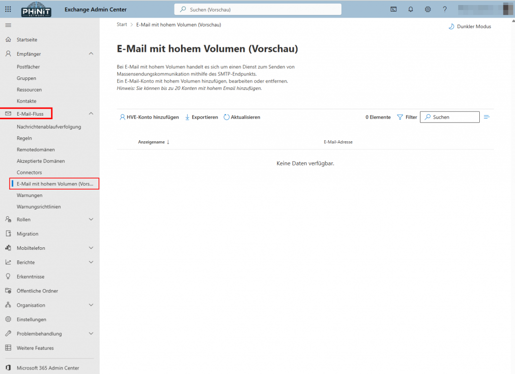 MS365 | Mail-Last clever bewältigen 2 Ansicht des Exchange Admin Centers mit HVE-Konto-Einrichtung