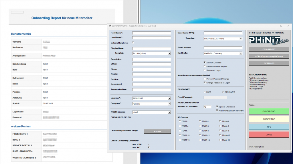 easyONBOARDING GUI and PDF / HTML REPORT