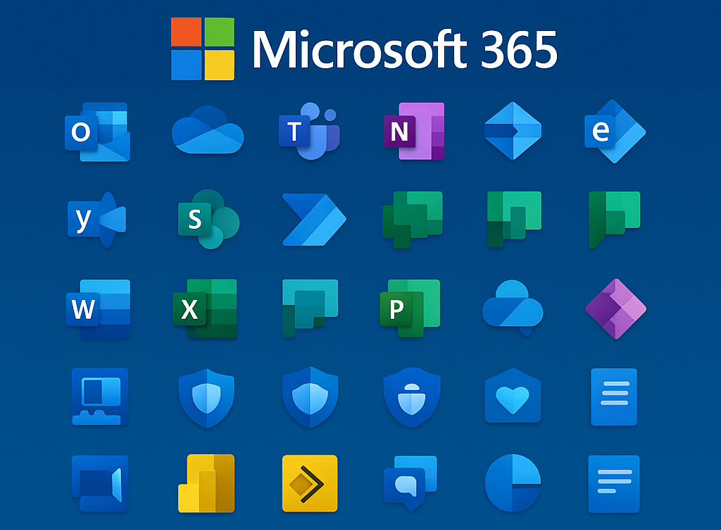 Microsoft 365: Überblick über alle Apps 2 Microsoft 365 Plattform mit Symbolen für Teams, Word, Excel, Power BI und mehr