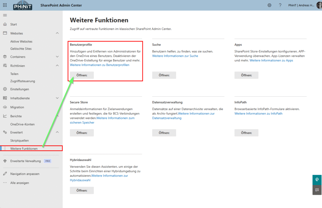 Microsoft OneDrive | Mitarbeiter Offboarding noch einfacher 3 SharePoint Admin Center - Weitere Funktionen