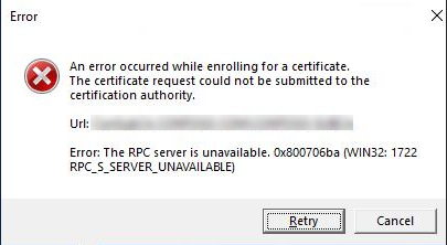 Windows Server CA: RPC Error 1722 & "Invalid Pointer" (0x80004003) 3 error message during certificate enrollment
