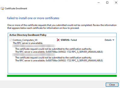 Windows Server CA: RPC Error 1722 & "Invalid Pointer" (0x80004003) 2 progress window of certificate enrollment