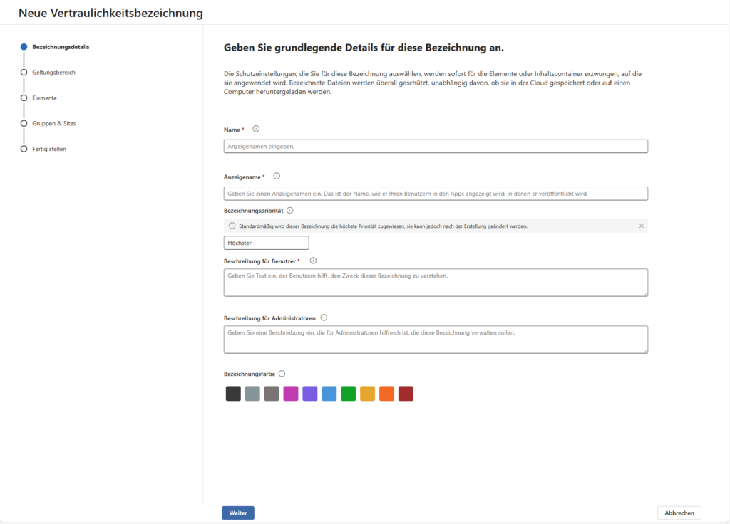 Microsoft Azure Information Protection Neue Vertraulichkeitsbezeichnung 1 Bezeichnungsdetails