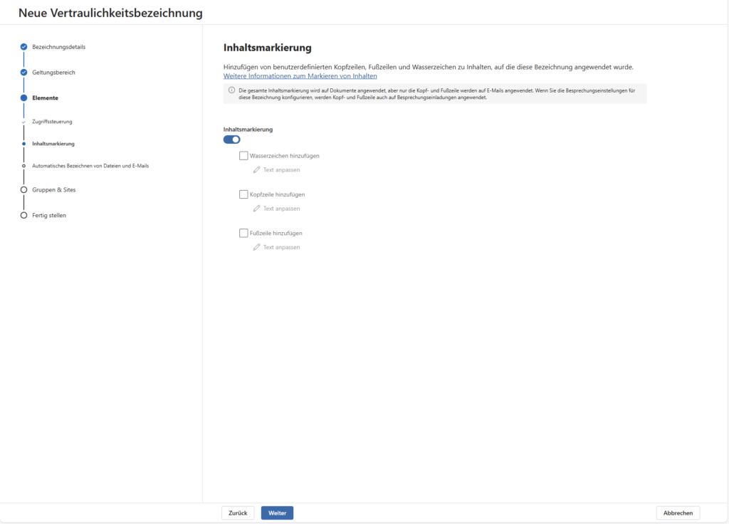 Microsoft Azure Information Protection Neue Vertraulichkeitsbezeichnung 4.2 Inhaltsmarkierung