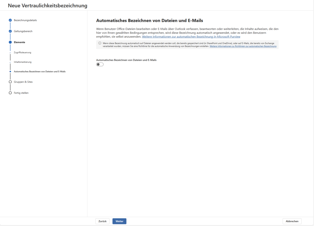 Microsoft Azure Information Protection Neue Vertraulichkeitsbezeichnung 4.3 Automatisches Bezeichnen 1