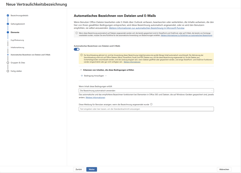 Microsoft Azure Information Protection Neue Vertraulichkeitsbezeichnung 4.3 Automatisches Bezeichnen 2