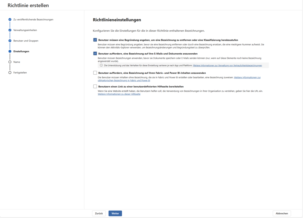Microsoft Azure Information Protection Richtlinie erstellen 4 Richtlinieneinstellungen 1