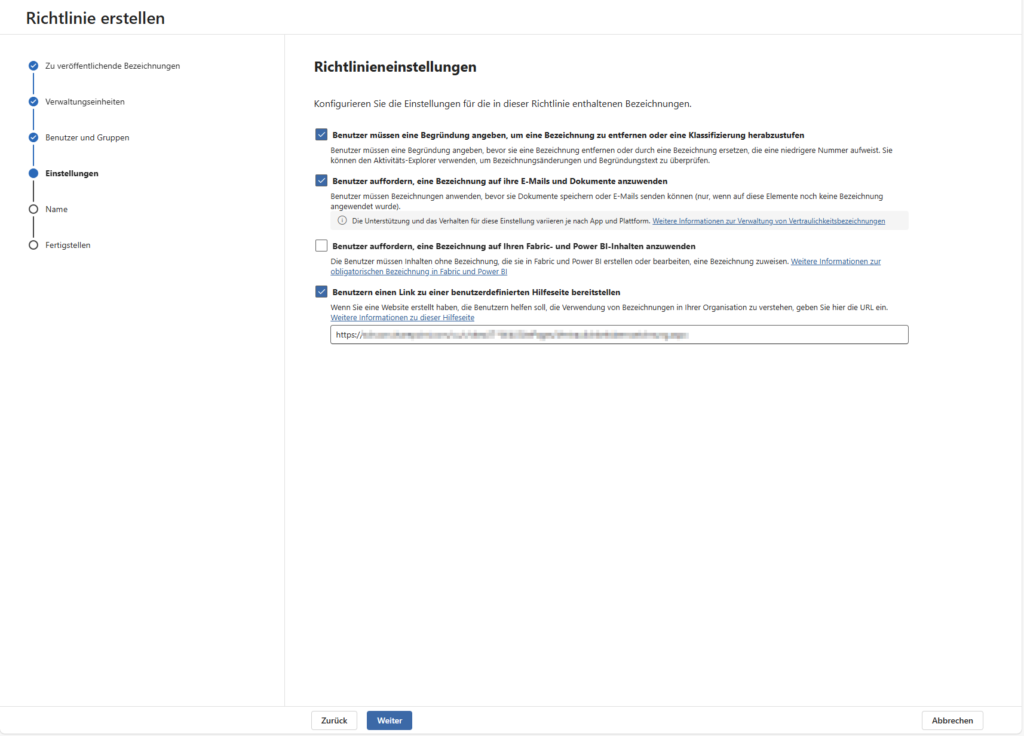 Microsoft Azure Information Protection Richtlinie erstellen 4 Richtlinieneinstellungen 2