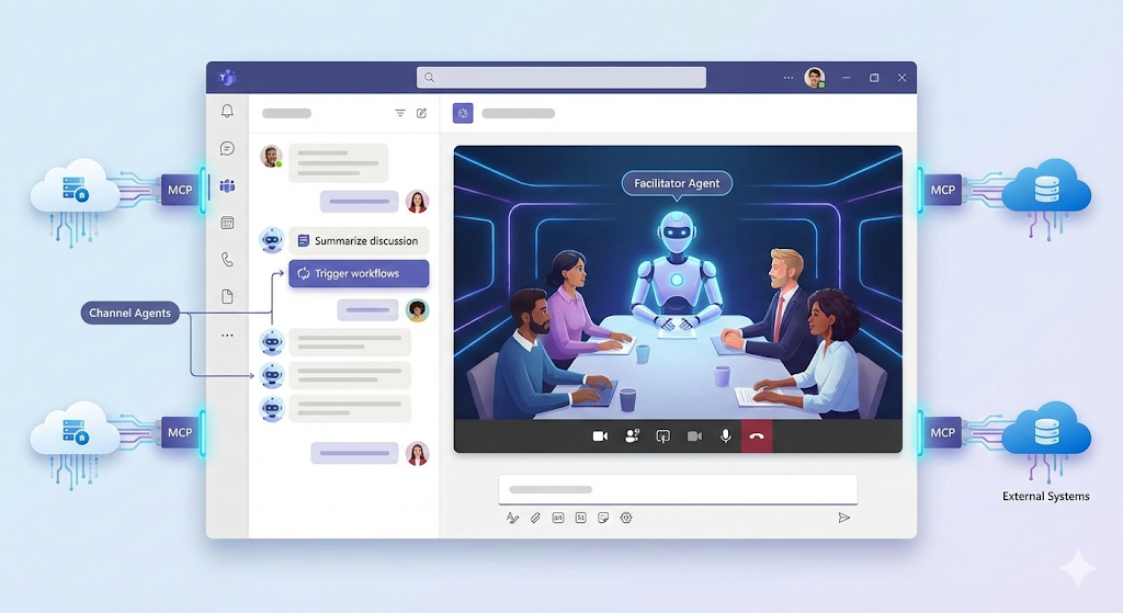 Microsoft 365 Roadmap 2026 | Von der Assistenz zur Autonomie 15 Microsoft Teams Oberfläche als Agenten-OS, mit integrierten "Channel Agents" und einem "Facilitator Agent" im Meeting.