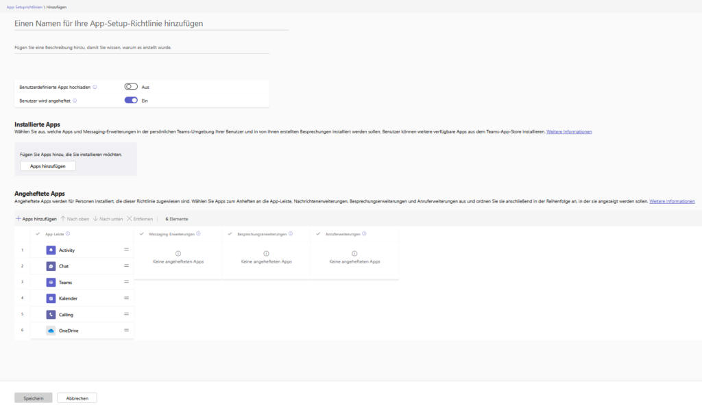 Settings for a custom app policy with options for installed apps and uploading custom apps.