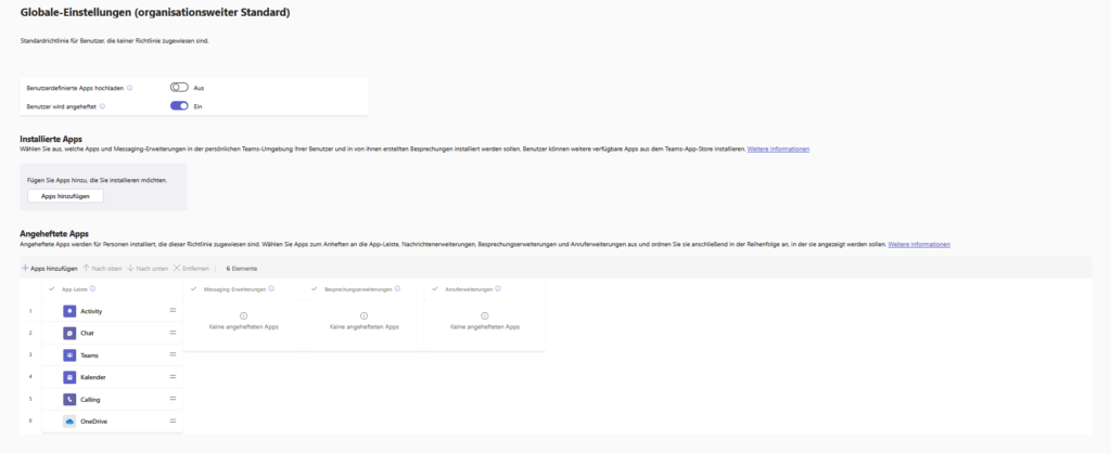 Configure the global policy with the default Activity, Chat, Teams, Calendar, Calls, and OneDrive apps.