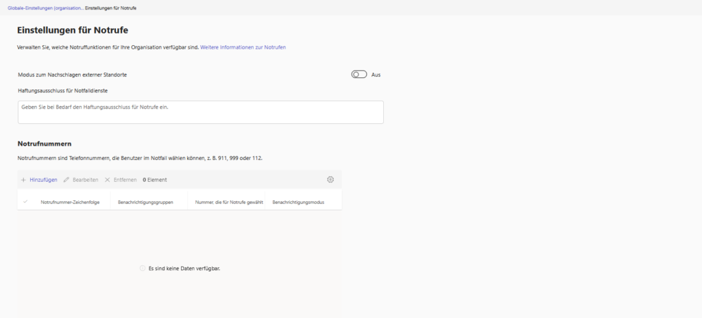 Microsoft Teams | Settings – Emergency 6 Emergency number and notification group configuration page in the Teams admin center.