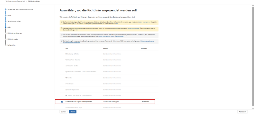 Microsoft Purview DLP Policy Wizard: Selecting the Microsoft 365 Copilot and Copilot Chat Location