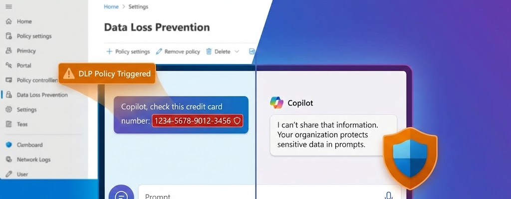 Copilot chat window shows a violation due to DLP Copilot policy.