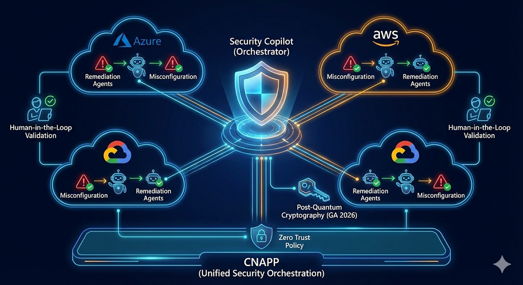 Microsoft 365 Roadmap 2026 | Von der Assistenz zur Autonomie 22 Multicloud-Sicherheitsarchitektur (CNAPP), in der der Security Copilot Remediation-Agenten über Azure, AWS und GCP hinweg orchestriert.