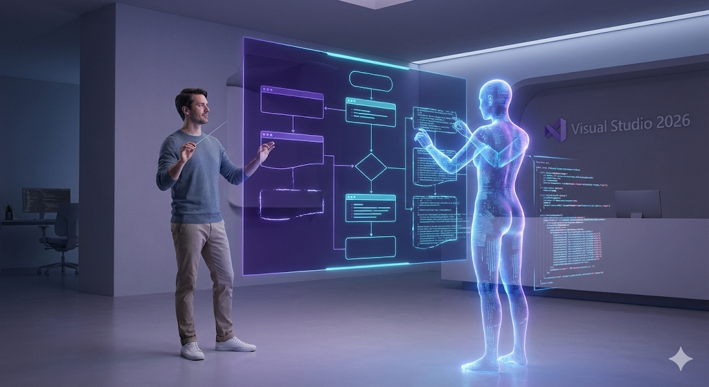 Microsoft 365 Roadmap 2026 | Von der Assistenz zur Autonomie 33 Futuristisches Szenario: Entwickler dirigiert Software-Architektur per Hologramm, während eine KI den Code in Visual Studio 2026 generiert.