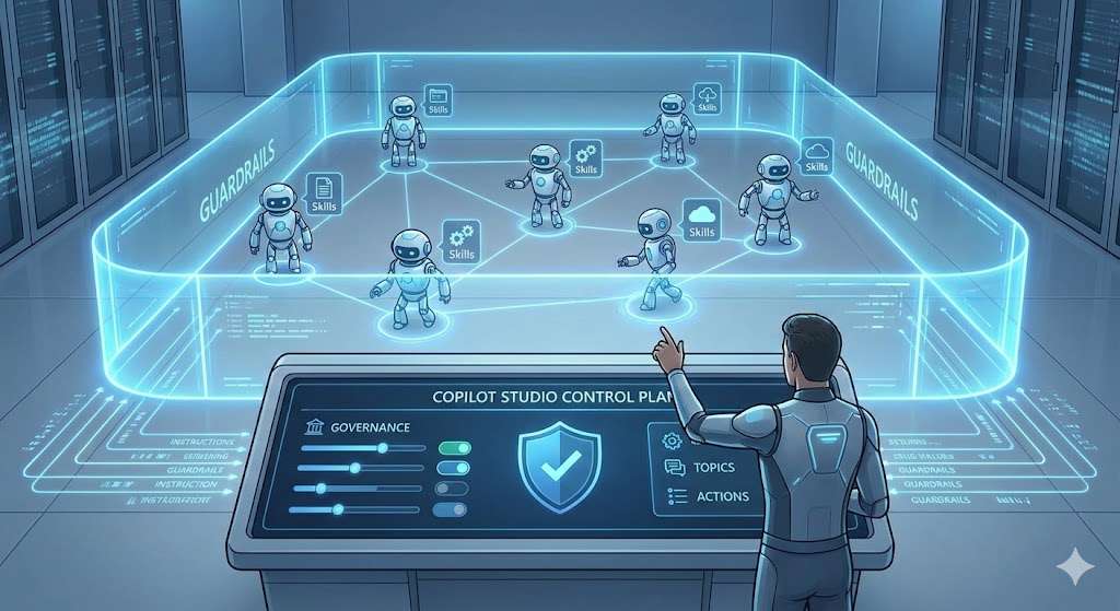 Microsoft 365 Roadmap 2026 | Von der Assistenz zur Autonomie 5 Illustration der "Copilot Studio Control Plane", wo ein Administrator Governance-Leitplanken für KI-Agenten-Roboter definiert.