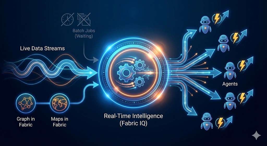 Microsoft 365 Roadmap 2026 | Von der Assistenz zur Autonomie 9 Darstellung von "Real-Time Intelligence (Fabric IQ)", die Live-Datenströme direkt an Agenten leitet, statt auf Batch-Jobs zu warten.