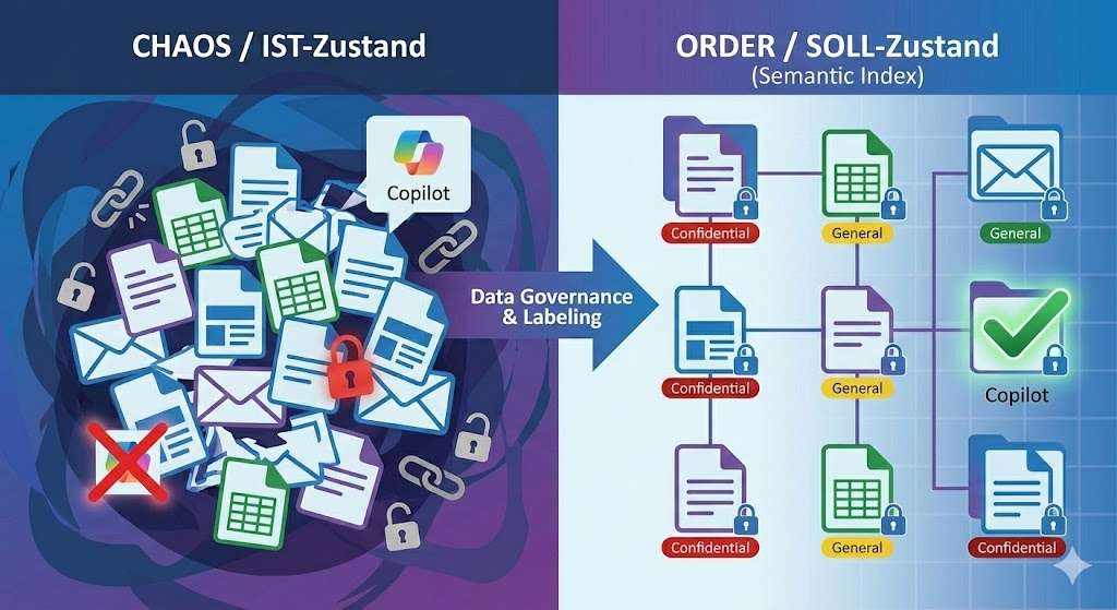 Microsoft 365 Copilot | brings order – or chaos! You decide! 10 Comparison graphic: Chaotic data state vs. ordered, labeled state for Copilot.