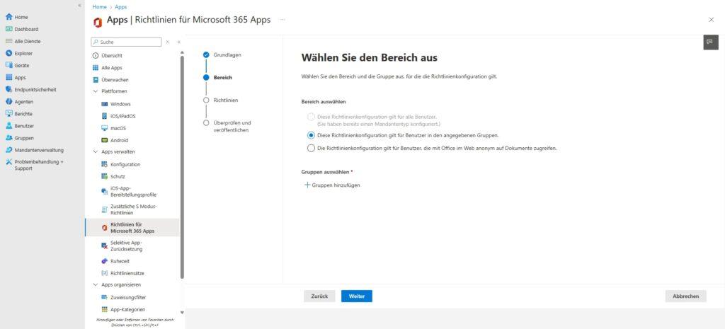 Microsoft Intune Admin Center zeigt Konfiguration der Office Apps Richtlinie zum Ausblenden des Copilot Chats