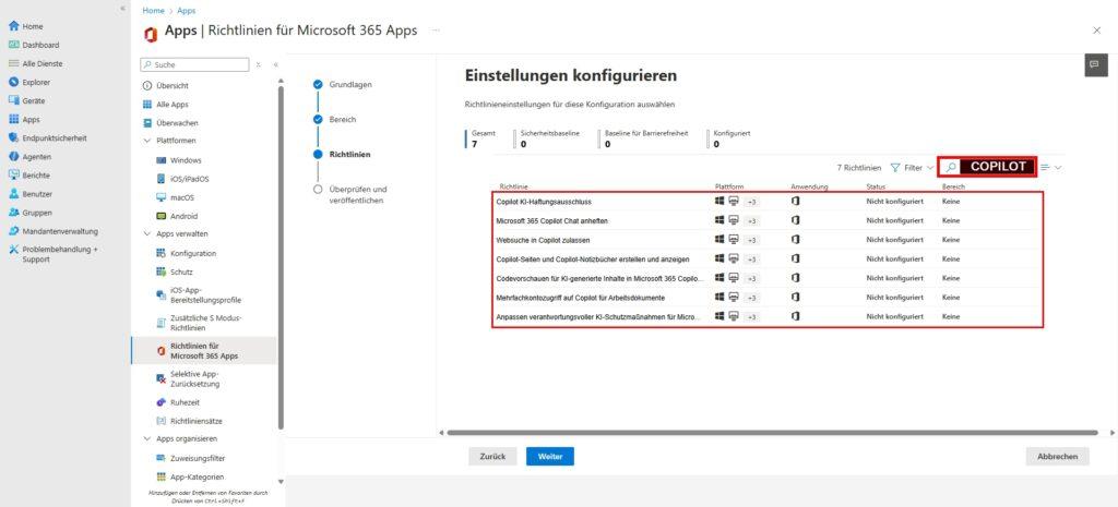 MS Intune Apps Richtlinien fuer Microsoft 365 Apps 4 Neue Richtlinie Einstellungen konfigurieren Suche nach Copilot