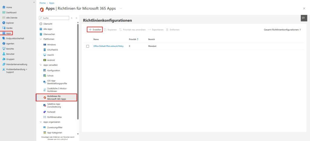 Microsoft Intune Admin Center zeigt Konfiguration der Office Apps Richtlinie zum Ausblenden des Copilot Chats