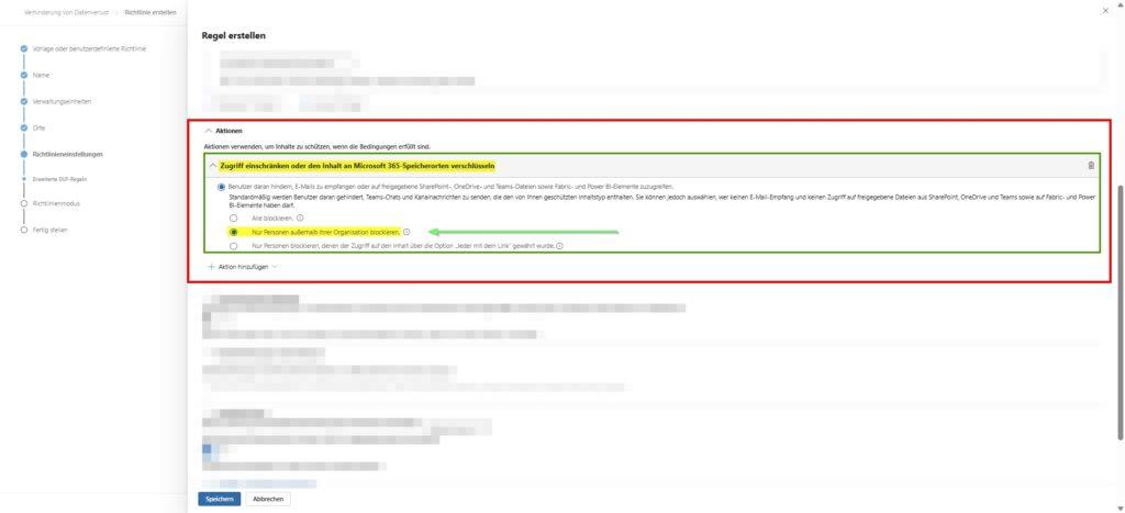 MS365 Purview DLP Neue Richtlinie 5 Erweiterte DLP Regel Regel erstellen Aktion