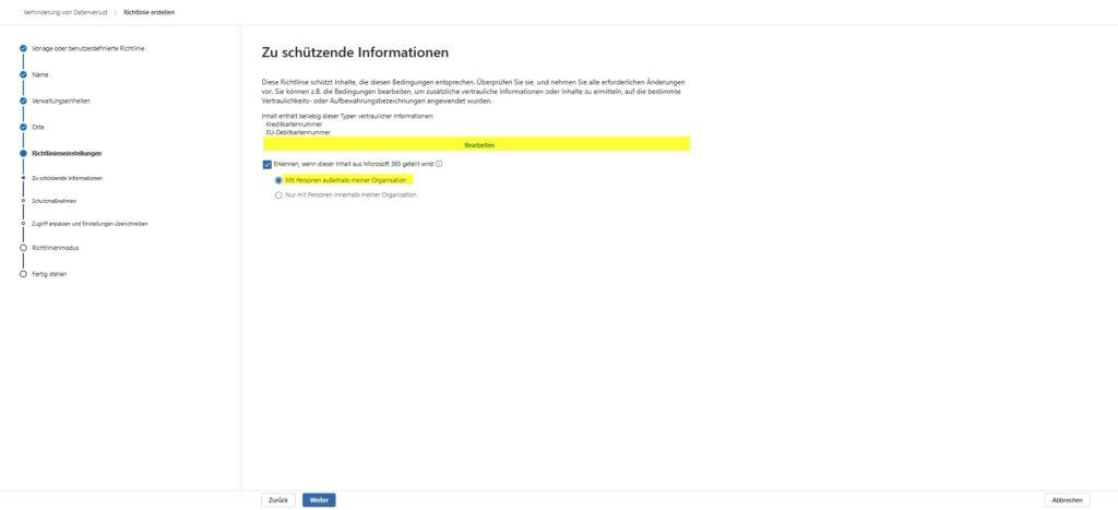 MS365 Purview DLP Neue Richtlinie 5 RIchtlinieneinstellungen 2 Standardbearbeien