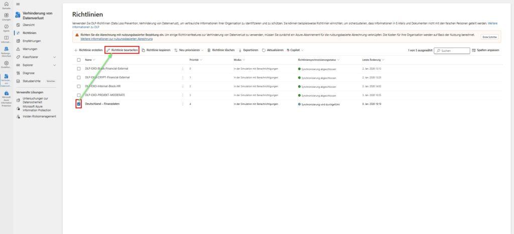 MS365 Purview DLP Richtlinien Uebersicht bestehende Richtlinie bearbeiten