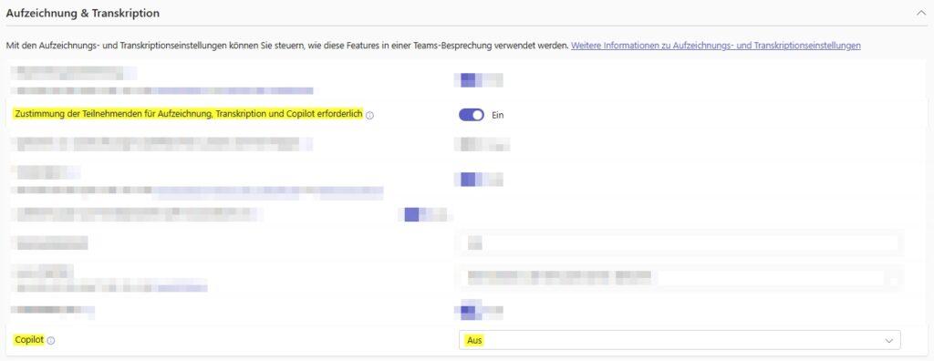 Microsoft Teams Admin Center Meeting Policy Einstellung um Copilot und Transkription zu deaktivieren.