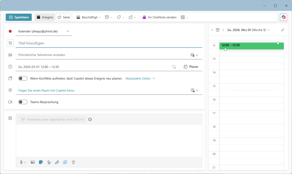 Outlook Event-Konfiguration mit aktiviertem Copilot-Toggle für automatisches Rescheduling.